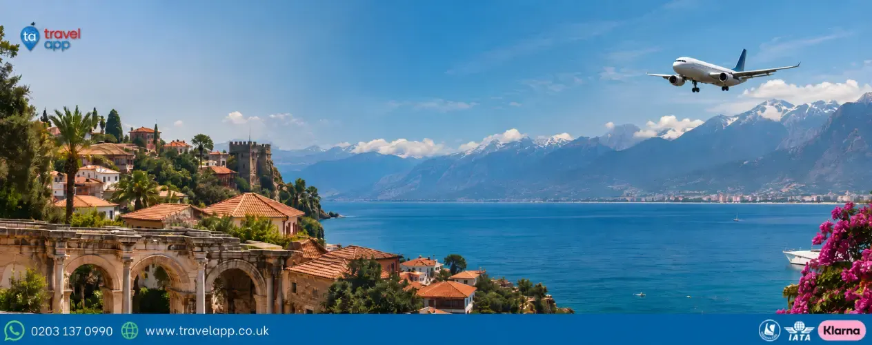 Flights to Antalya from the UK with Antalya coastline and Mediterranean Sea