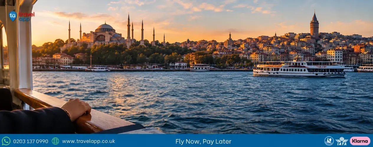 Flights to Istanbul from the UK with Istanbul skyline and Bosphorus